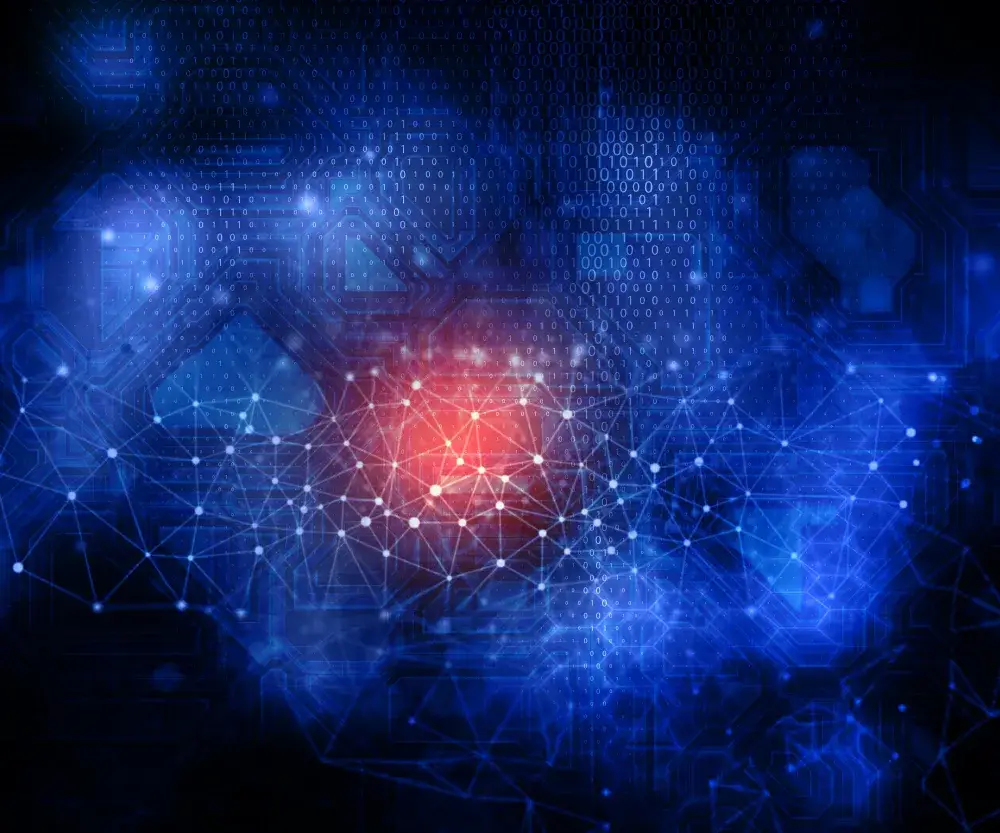 Abstract blue digital network of connected nodes over streams of binary code, representing open access to scholarly knowledge