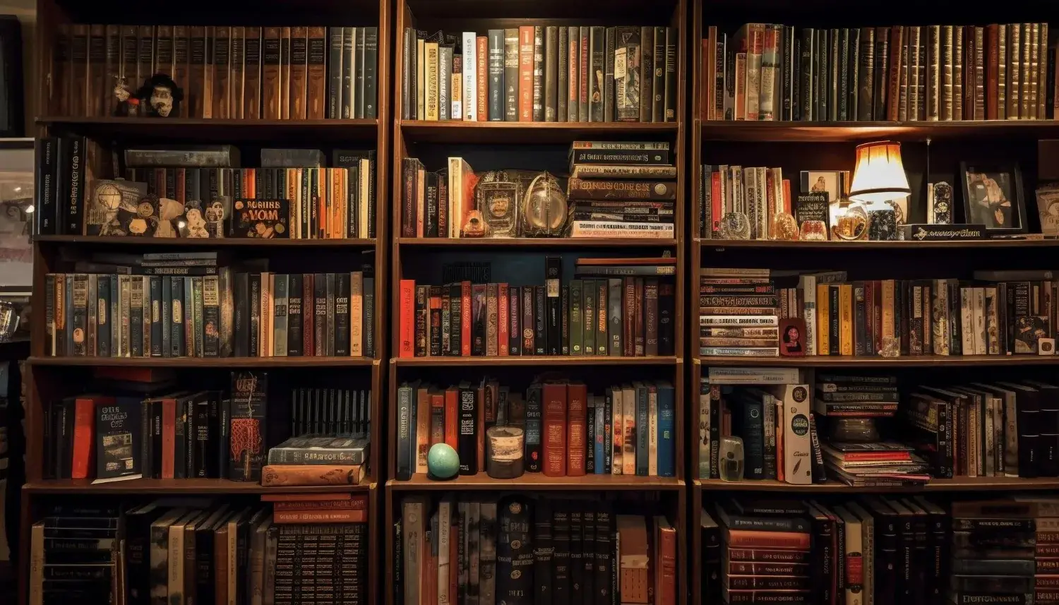 Warmly lit wooden bookshelves filled with rows of colourful books in a cosy reading room