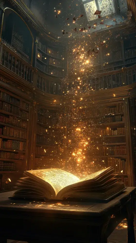 An open book glowing with golden light on a table in a grand multi-storey library of tall wooden bookshelves